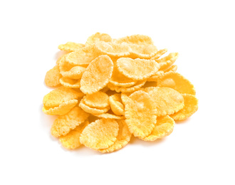 Photo of Pile of tasty corn flakes on white background