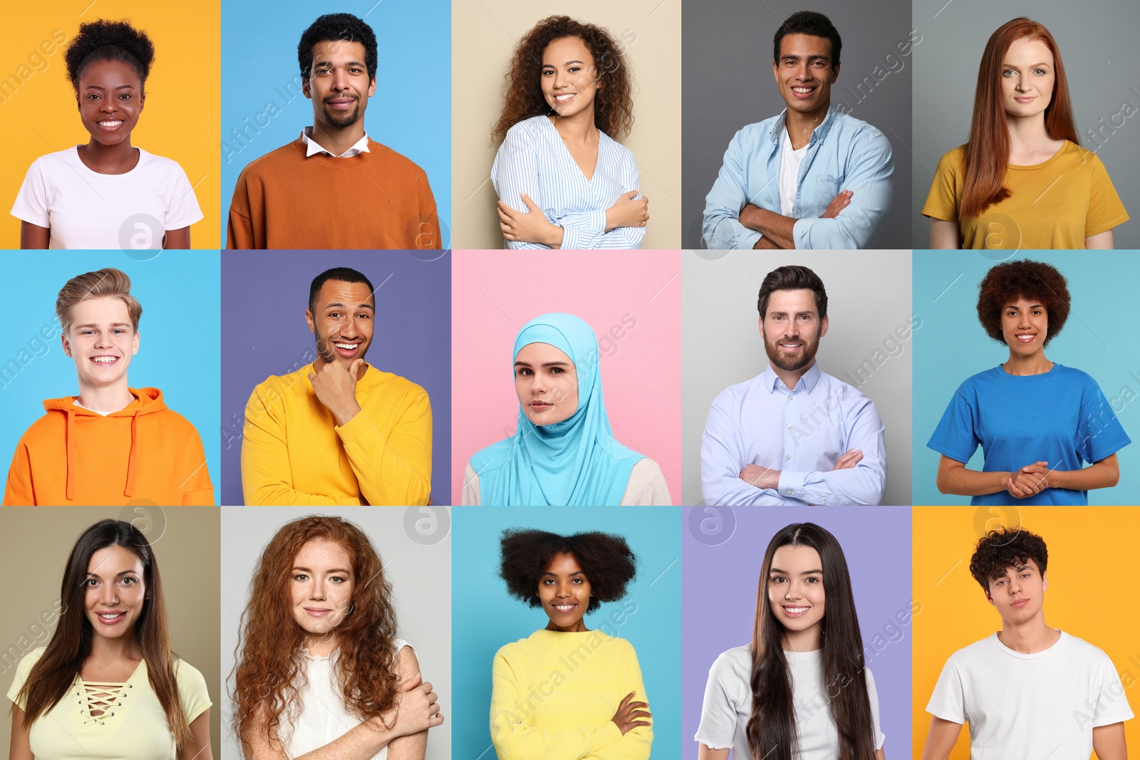 Image of Collage with portraits of people on different color backgrounds