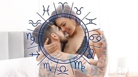 Sexual compatibility. Zodiac wheel and passionate couple having sex on bed