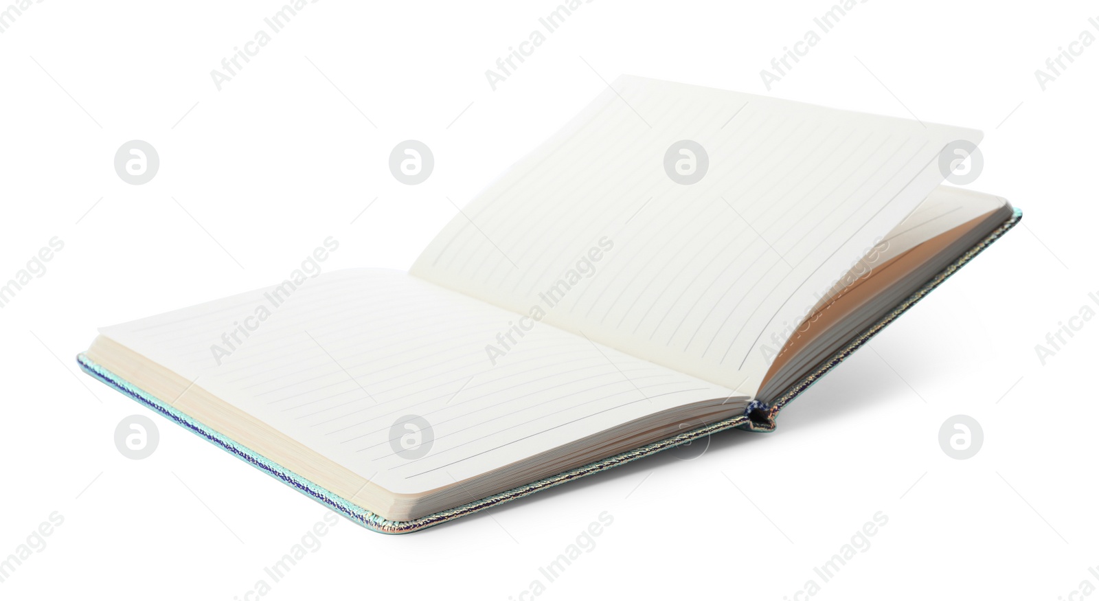 Photo of Stylish open notebook with hardcover isolated on white