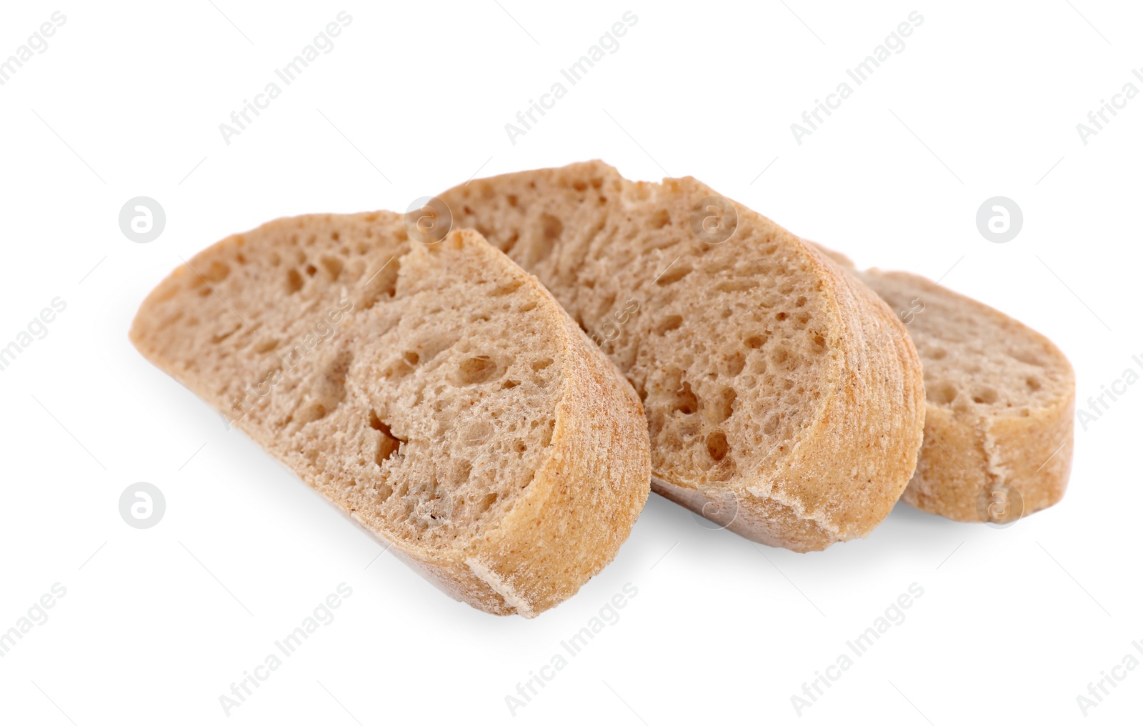 Photo of Cut ciabatta on white background. Fresh bread