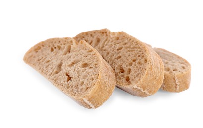 Photo of Cut ciabatta on white background. Fresh bread