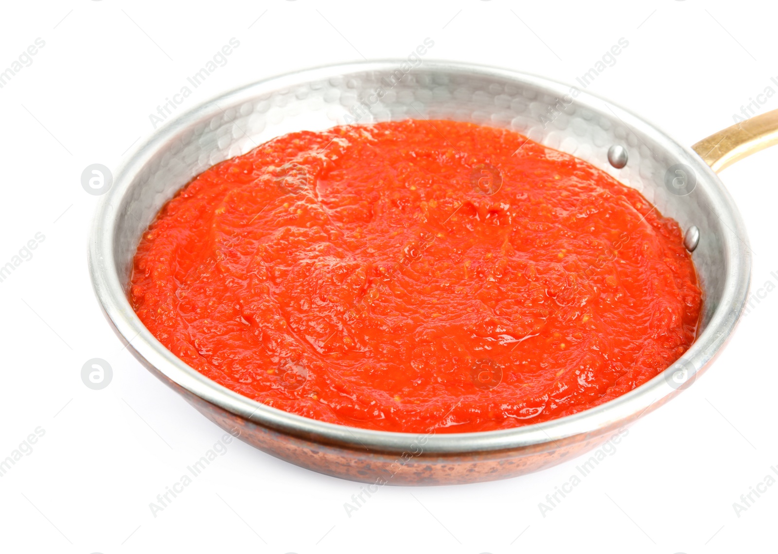 Photo of Delicious tomato sauce in pan isolated on white