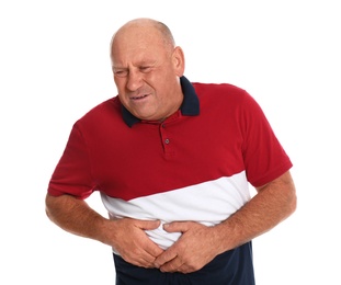 Photo of Mature man suffering from liver pain on white background