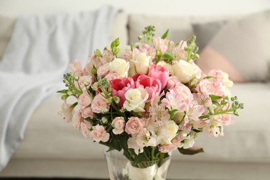 Beautiful bouquet of fresh flowers in vase indoors