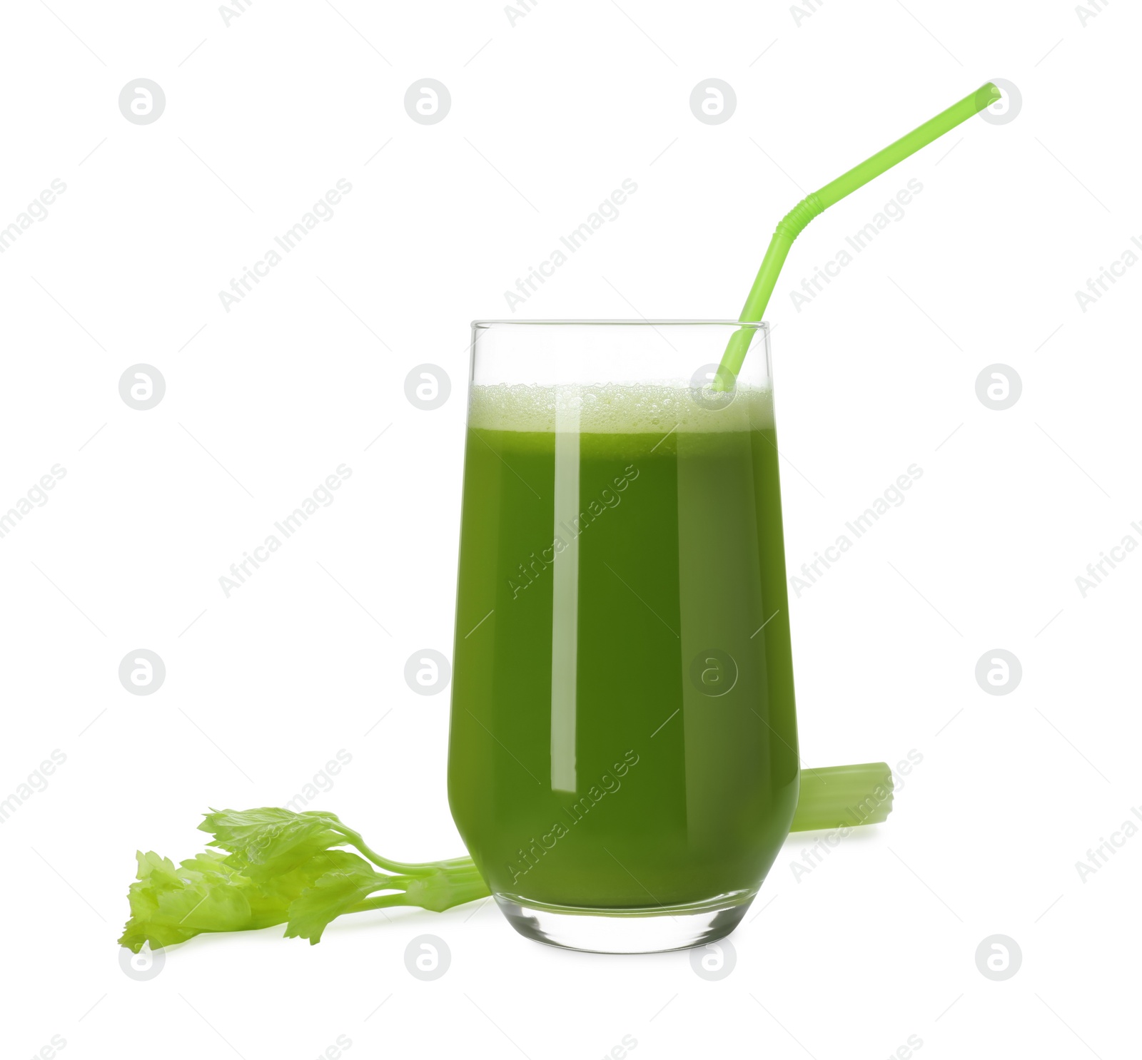 Photo of Glass of celery juice and fresh vegetable on white background