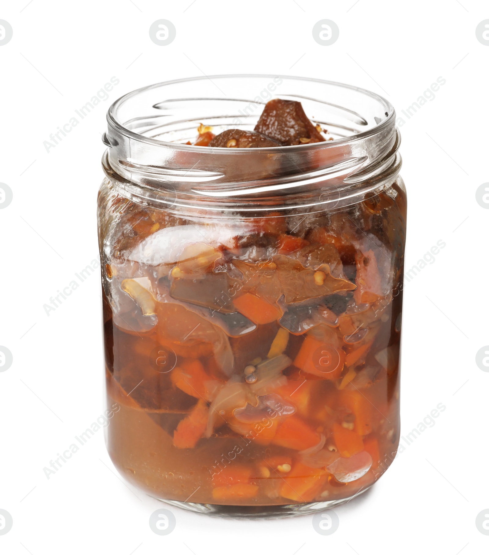 Photo of Jar with pickled eggplant slices on white background