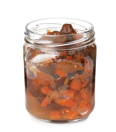 Photo of Jar with pickled eggplant slices on white background