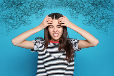 Image of Stressed woman with mess in her head on color background