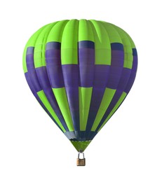 Image of Bright hot-air balloon with wicker basket on white background