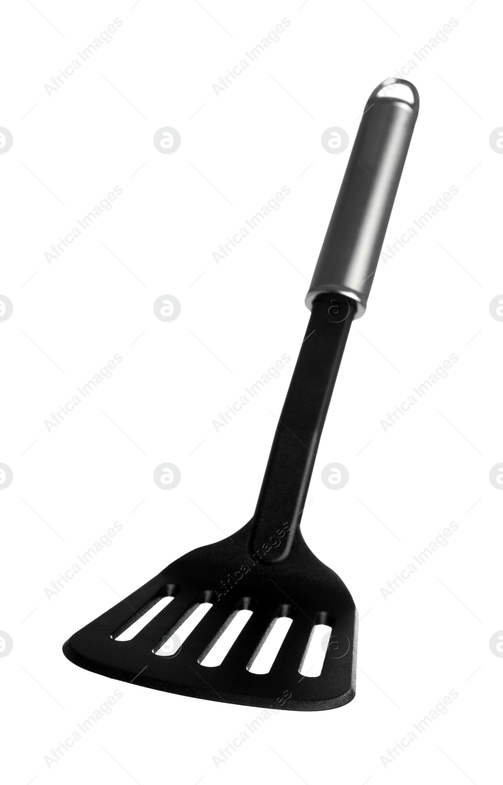 Photo of One black spatula with metal handle isolated on white