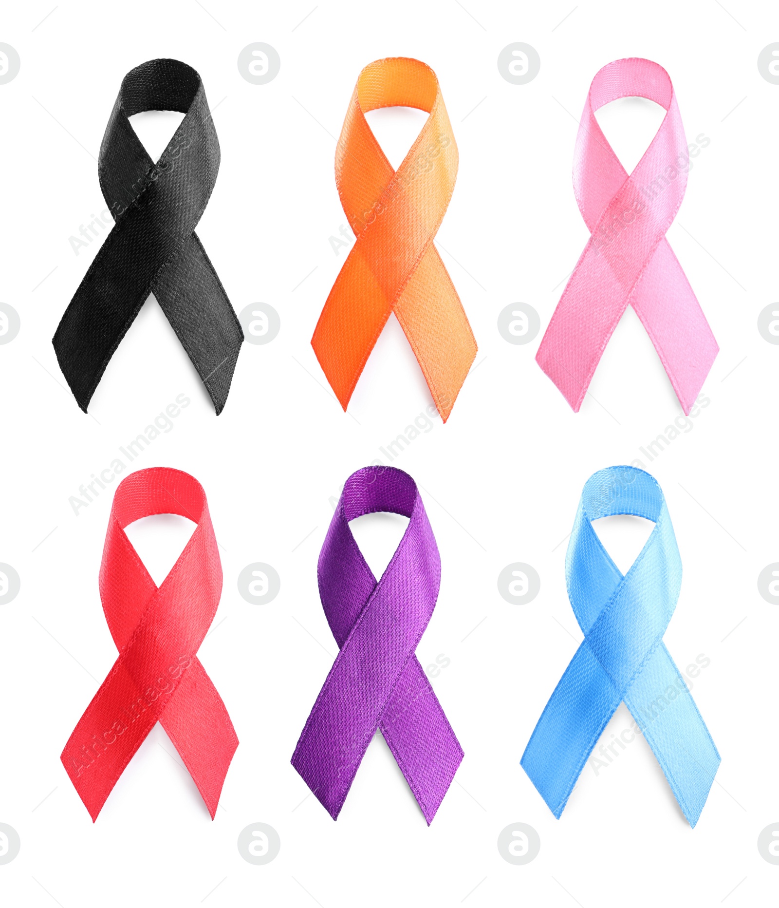 Image of Collection of different color ribbons on white background. World Cancer Day