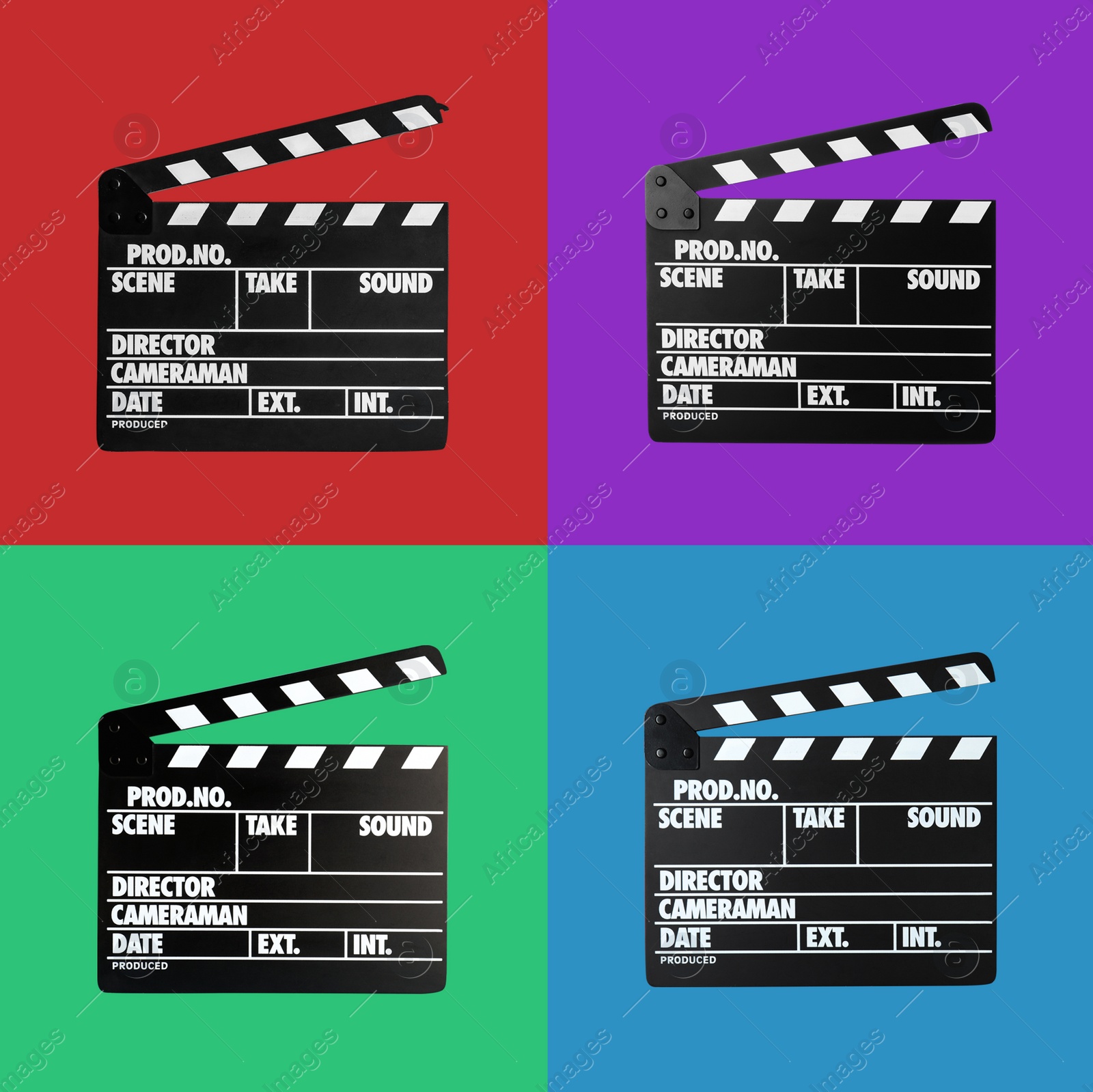 Image of Set with clapperboards on different color backgrounds