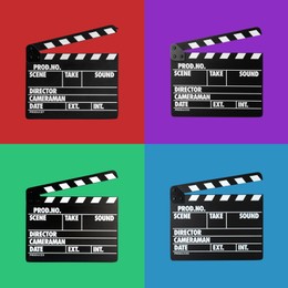 Set with clapperboards on different color backgrounds