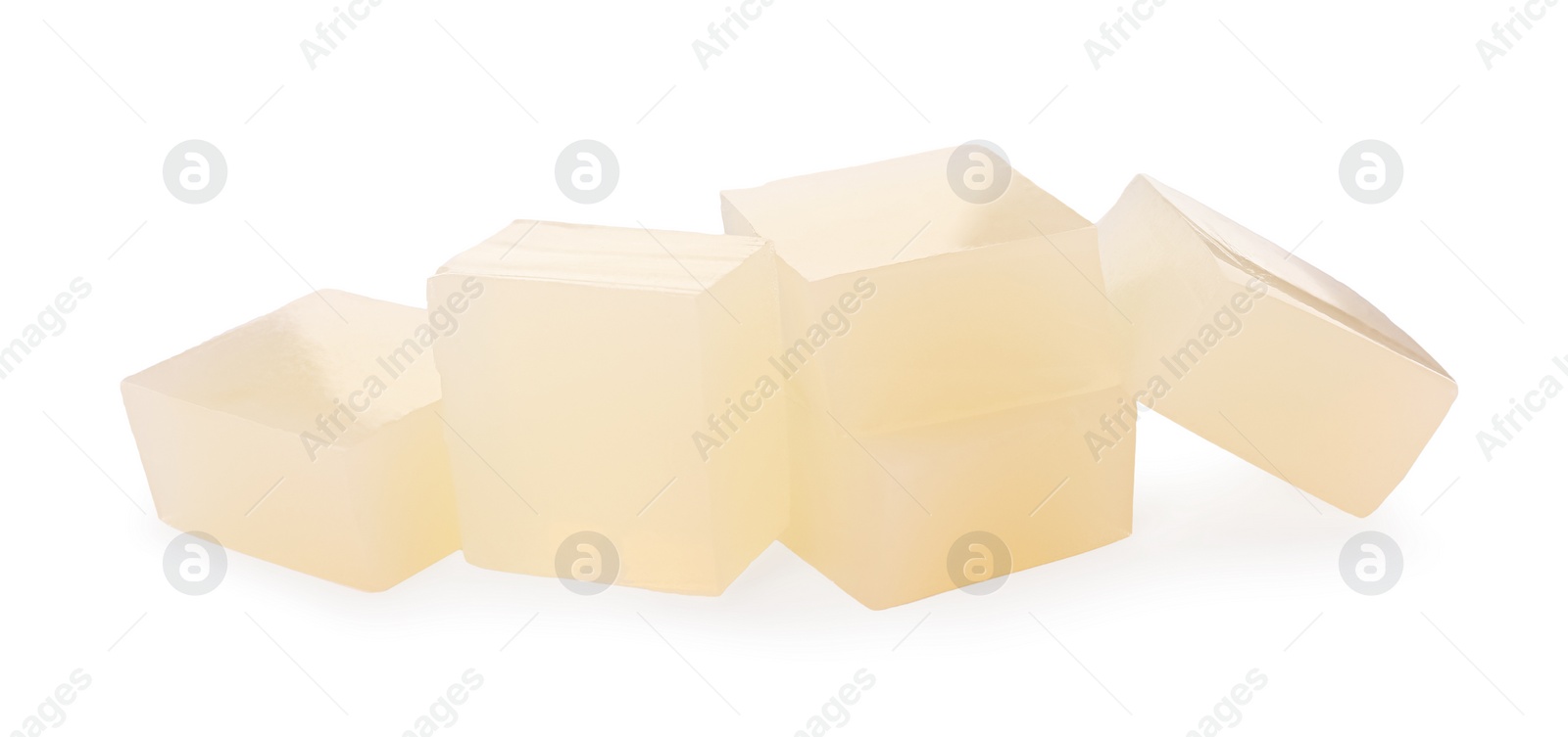 Photo of Many agar-agar jelly cubes on white background