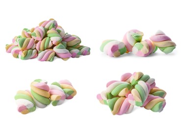 Image of Set with tasty colorful marshmallows on white background