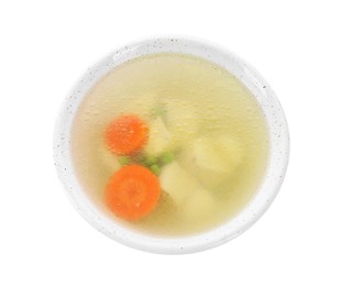 Photo of Tasty soup with vegetables in bowl isolated on white, above view
