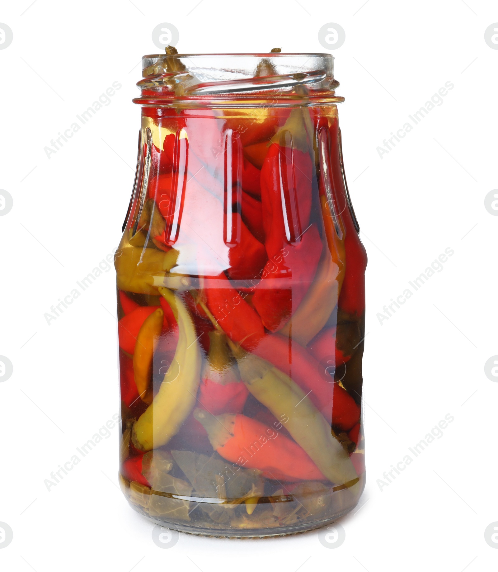 Photo of Glass jar with pickled chili peppers isolated on white