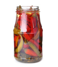 Photo of Glass jar with pickled chili peppers isolated on white