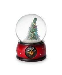 Photo of Beautiful snow globe with Christmas tree isolated on white
