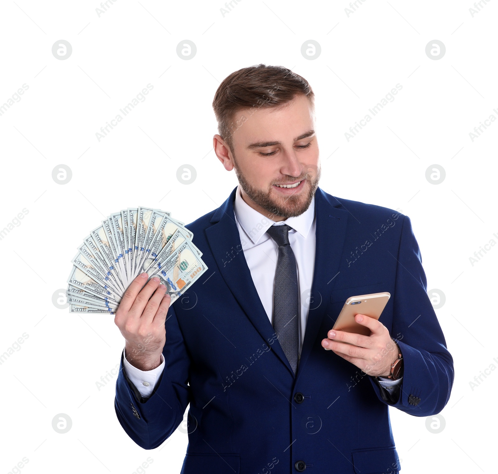 Photo of Portrait of young businessman with money and mobile phone on white background