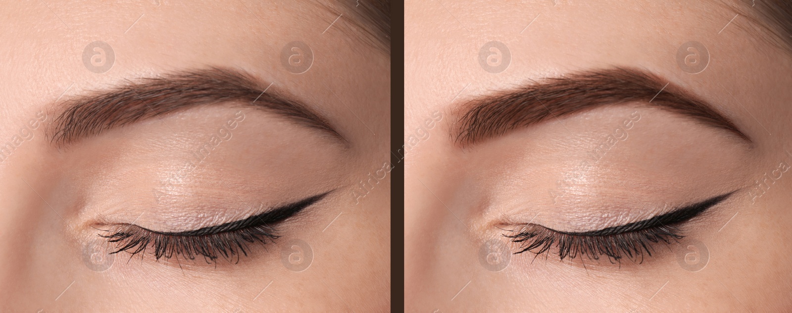 Image of Collage with photos of woman before and after eyebrows dyeing with henna, closeup. Banner design