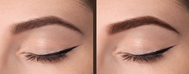 Image of Collage with photos of woman before and after eyebrows dyeing with henna, closeup. Banner design