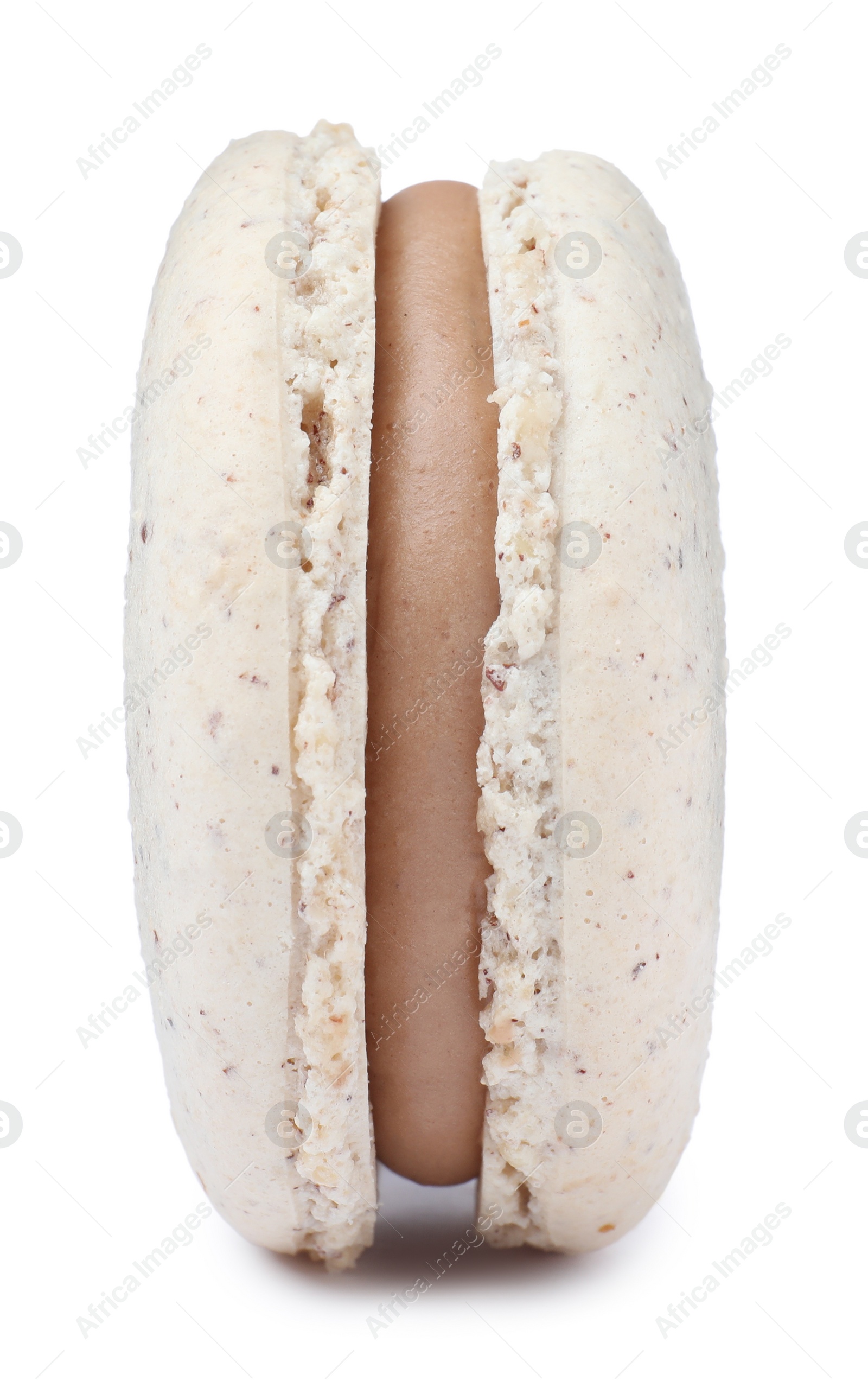 Photo of Beige macaron isolated on white. Delicious dessert