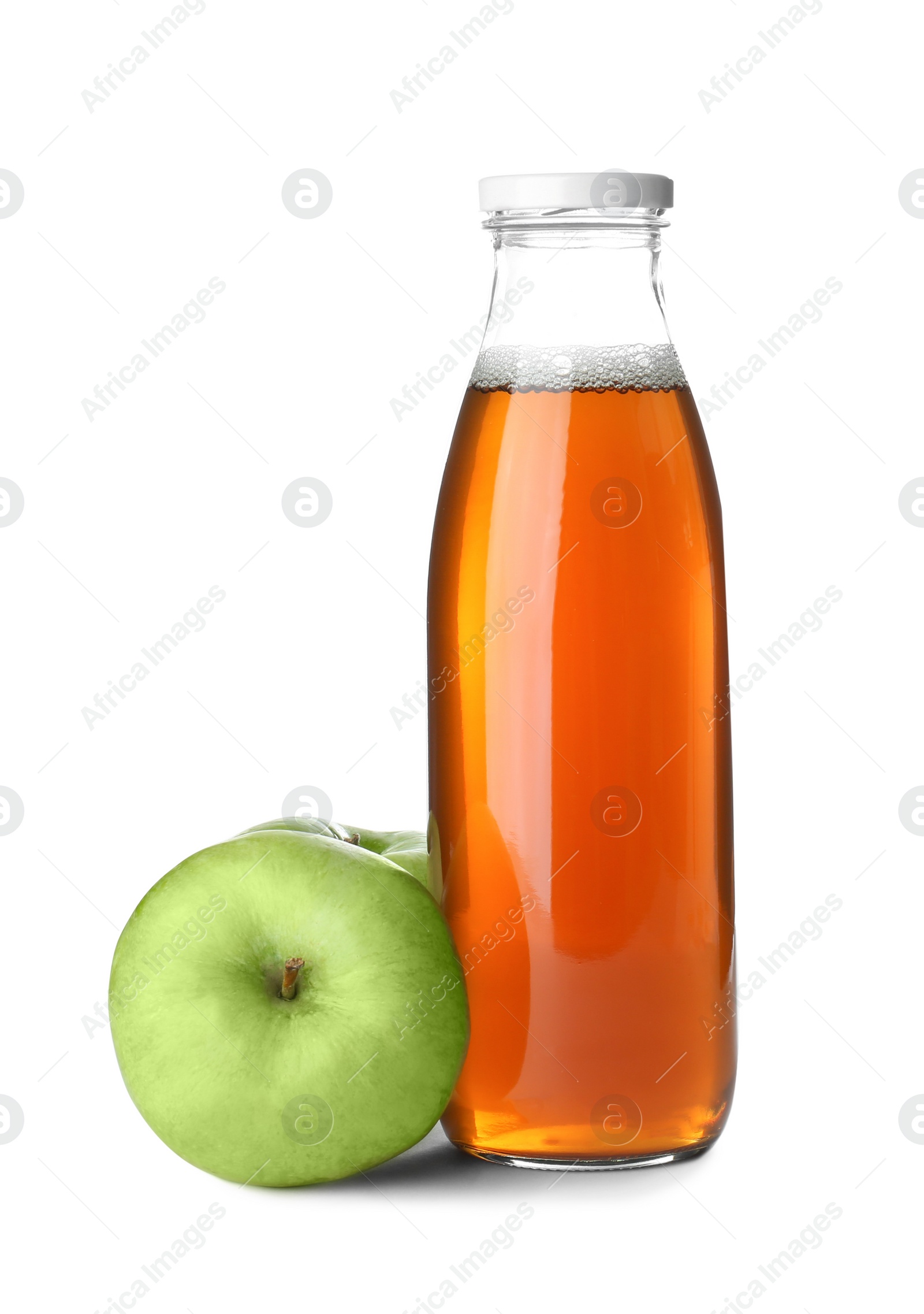 Photo of Bottle of apple juice and fresh fruit on white background