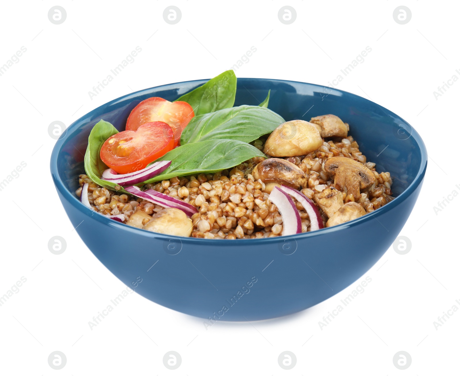 Photo of Delicious buckwheat porridge with vegetables and mushrooms on white background