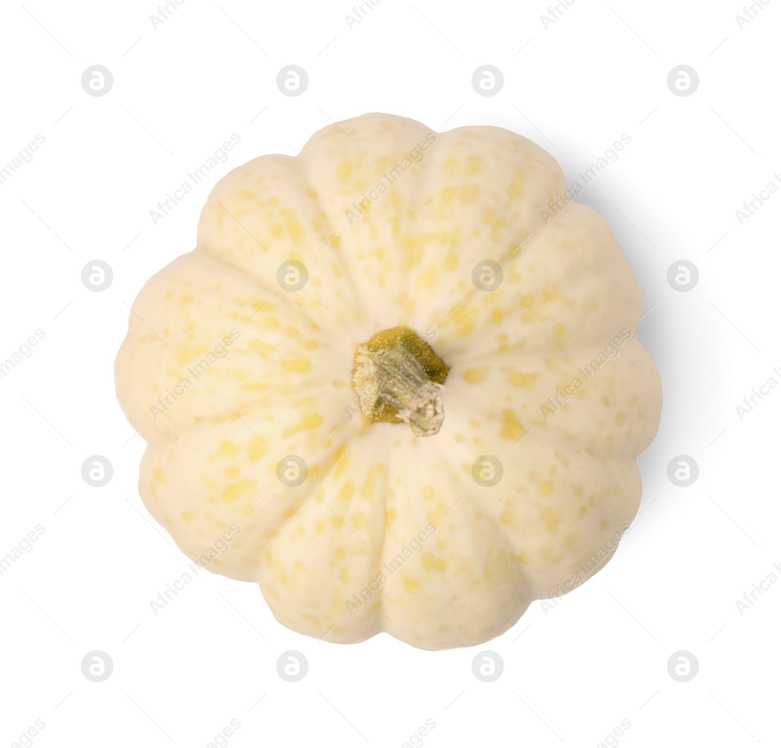 Photo of One fresh ripe pumpkin isolated on white, top view