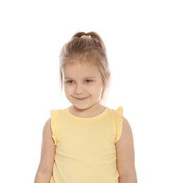 Portrait of cute little girl against white background