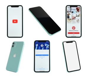 Image of MYKOLAIV, UKRAINE - JULY 07, 2020: New modern iPhone 11 with YouTube, Pinterest, Facebook apps and empty screen against white background, views from different sides