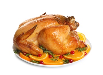 Photo of Platter of cooked turkey with garnish on white background