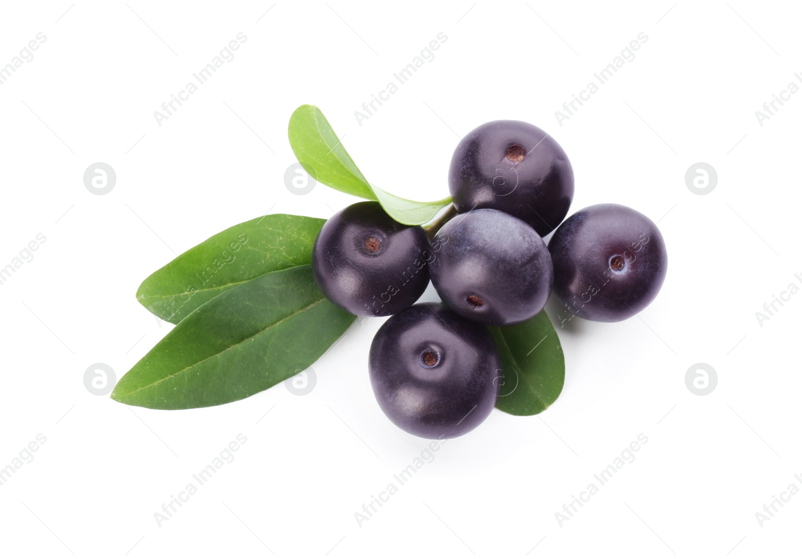 Photo of Pile of fresh acai berries with leaves isolated on white, top view