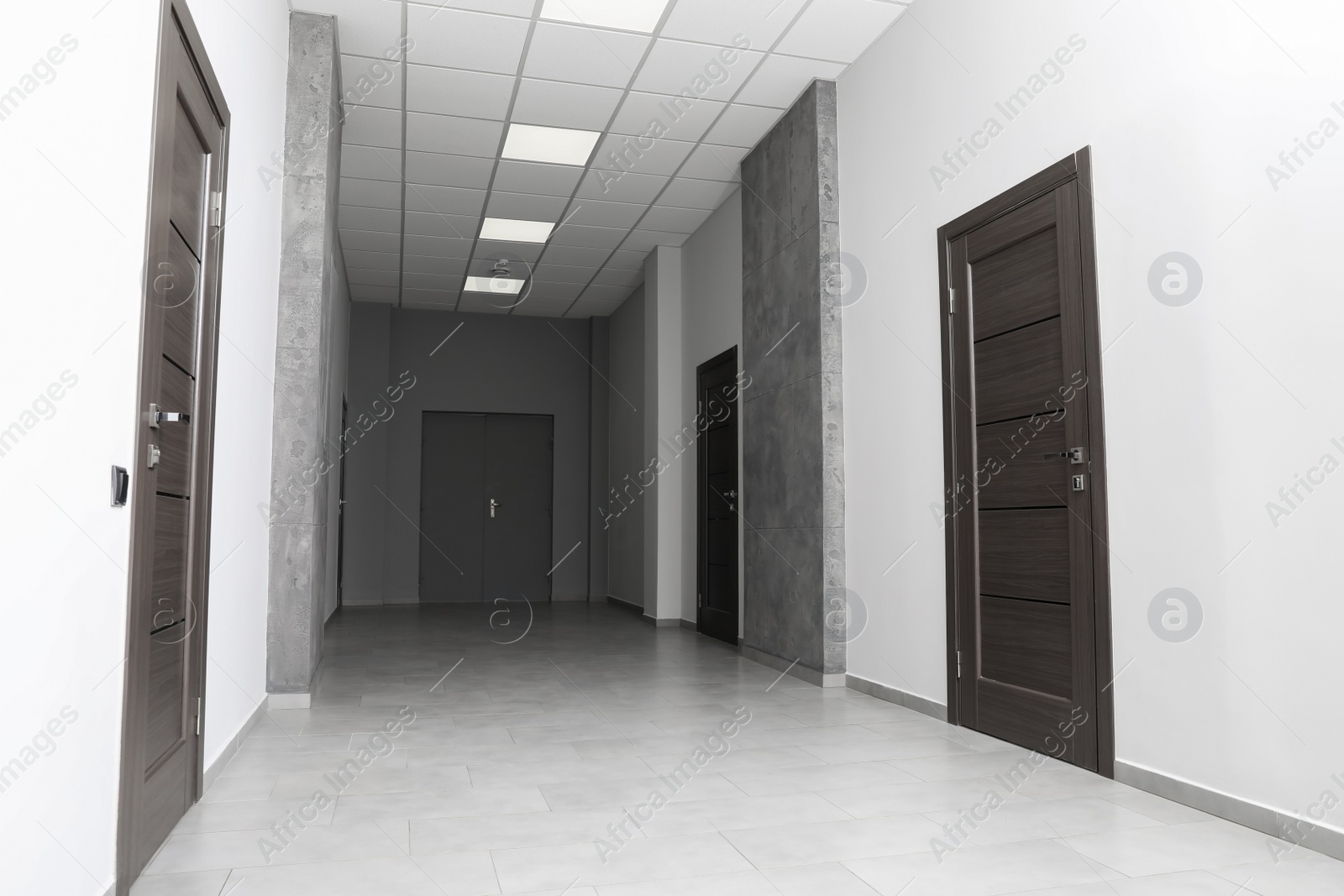 Photo of Empty office corridor with wooden doors, Interior design