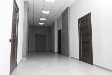 Empty office corridor with wooden doors, Interior design