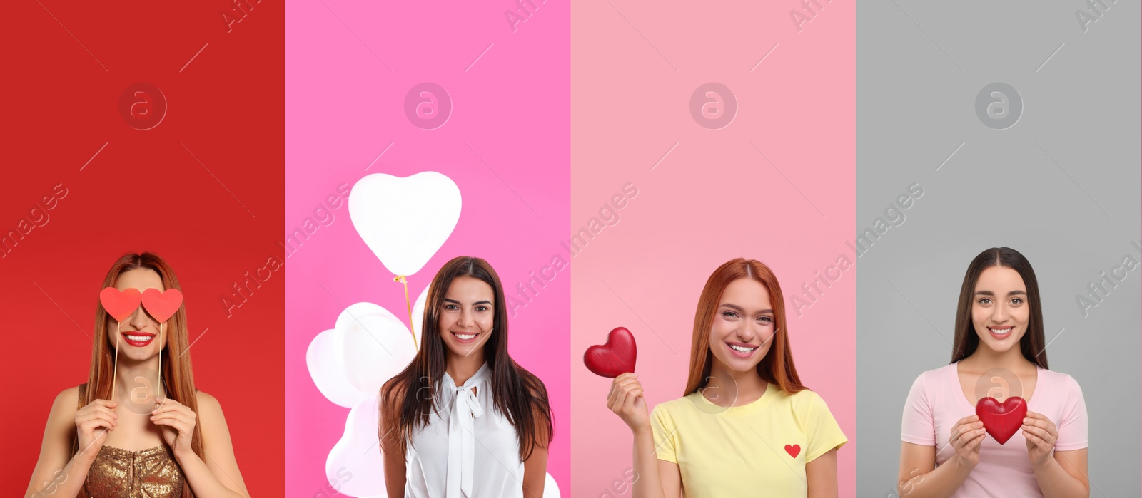 Image of Happy women with air balloons and decorative red hearts on color backgrounds, set of photos. Valentine's day celebration