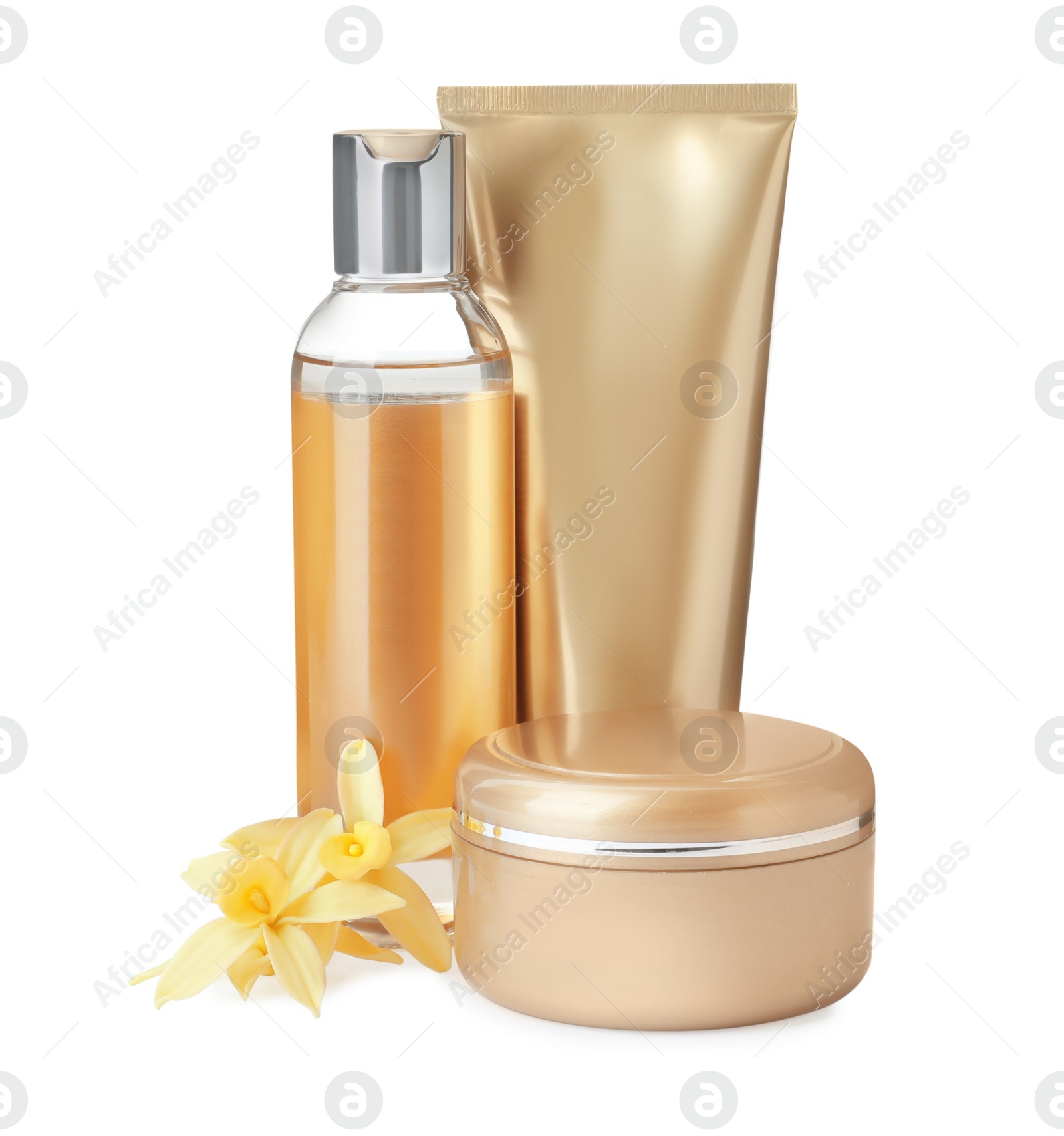 Photo of Cosmetic products and tropical flowers isolated on white