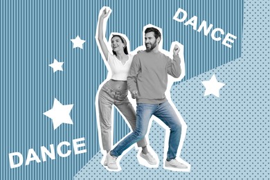 Happy couple dancing on bright background. Creative collage with stylish man and woman. Concept of music, party, fashion, lifestyle