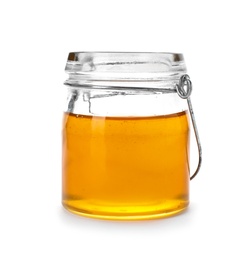 Jar with delicious honey on white background