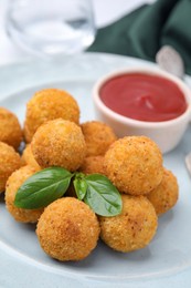 Photo of Delicious fried tofu balls with basil and sauce on plate, closeup