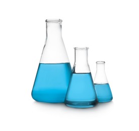 Image of Conical flasks with light blue liquid isolated on white. Laboratory glassware