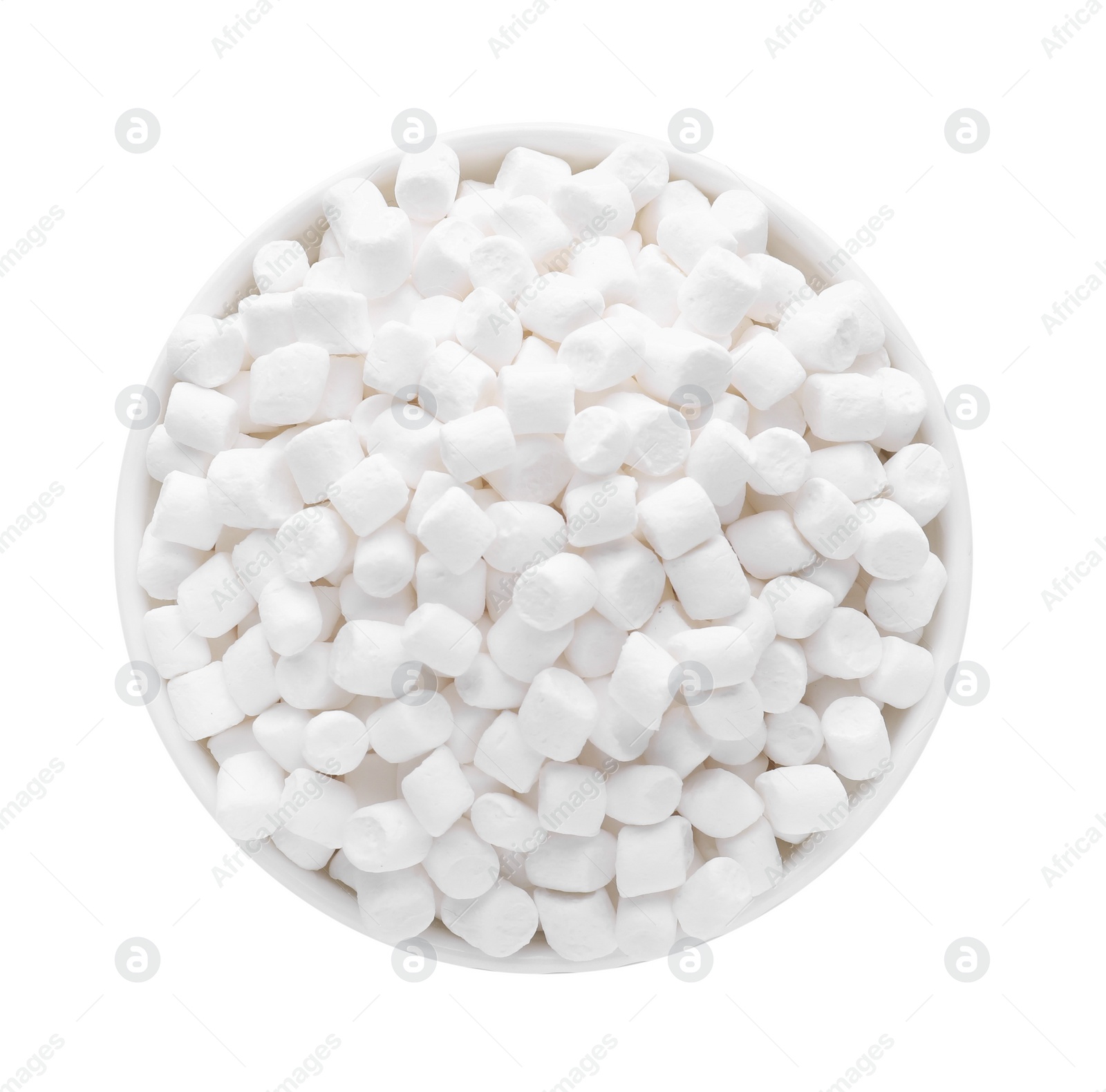 Photo of Bowl of delicious puffy marshmallows isolated on white, top view