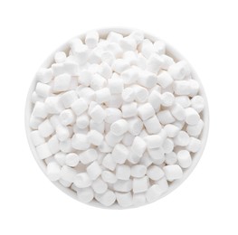 Bowl of delicious puffy marshmallows isolated on white, top view