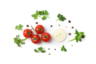 Photo of Flat lay composition with green parsley, pepper and vegetables on white background