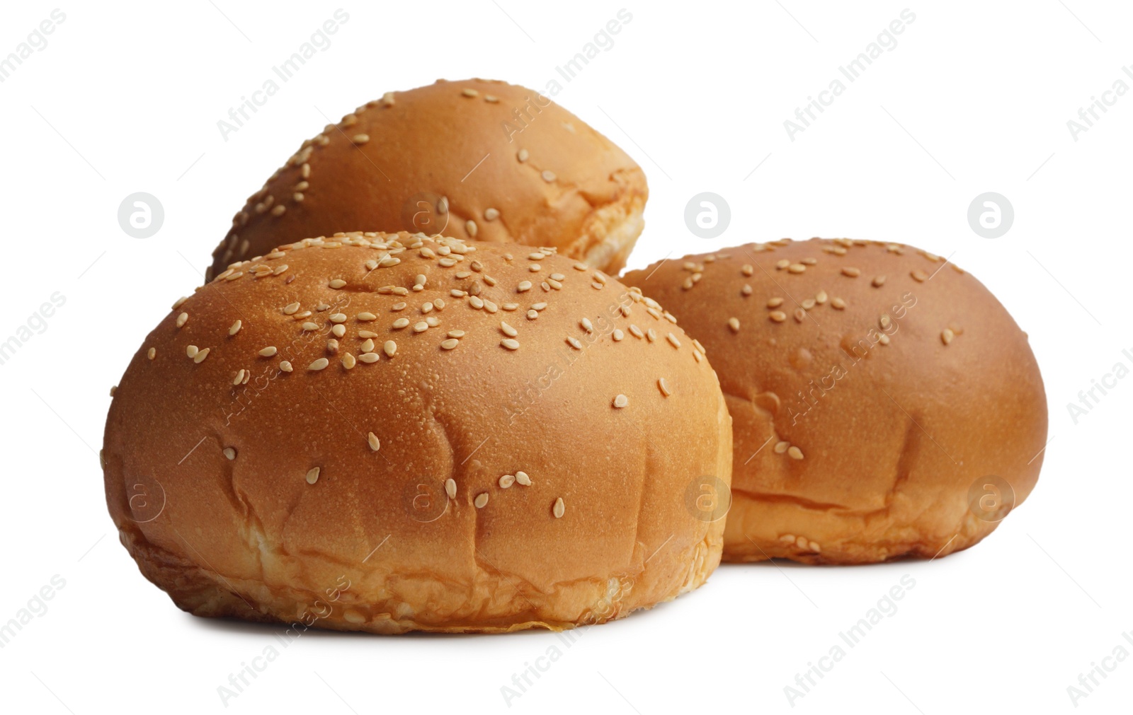 Photo of Fresh tasty buns with sesame seeds isolated on white