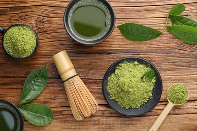 Photo of Flat lay composition with green matcha powder on wooden table