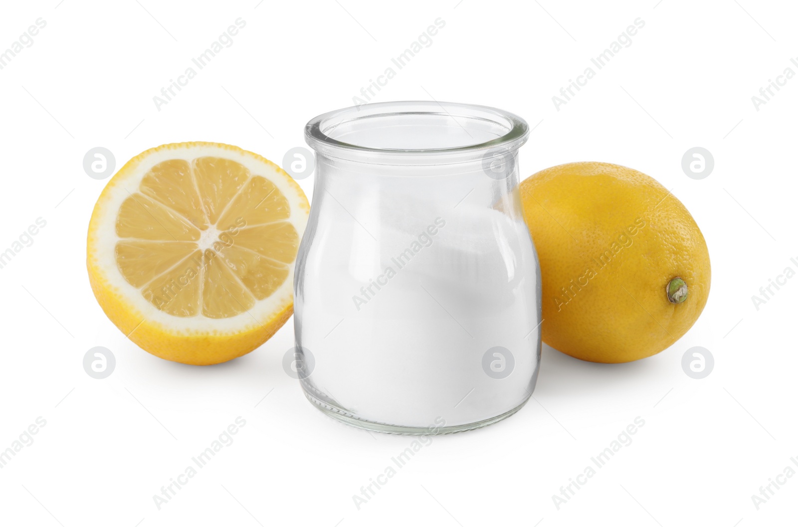 Photo of Baking soda in jar and lemons isolated on white
