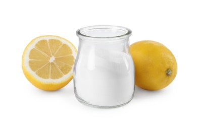Photo of Baking soda in jar and lemons isolated on white